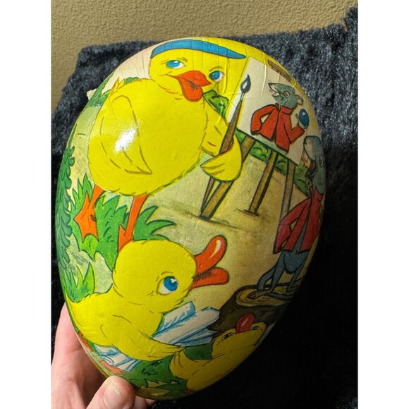 Vintage Egg Other - Vintage Papier-Mâché Easter Egg With Duck & Mouse Painters 11"